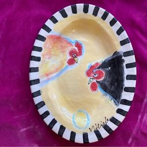 Handmade Large Ceramic  Chickens With Egg Platter Original Design 15”x11”